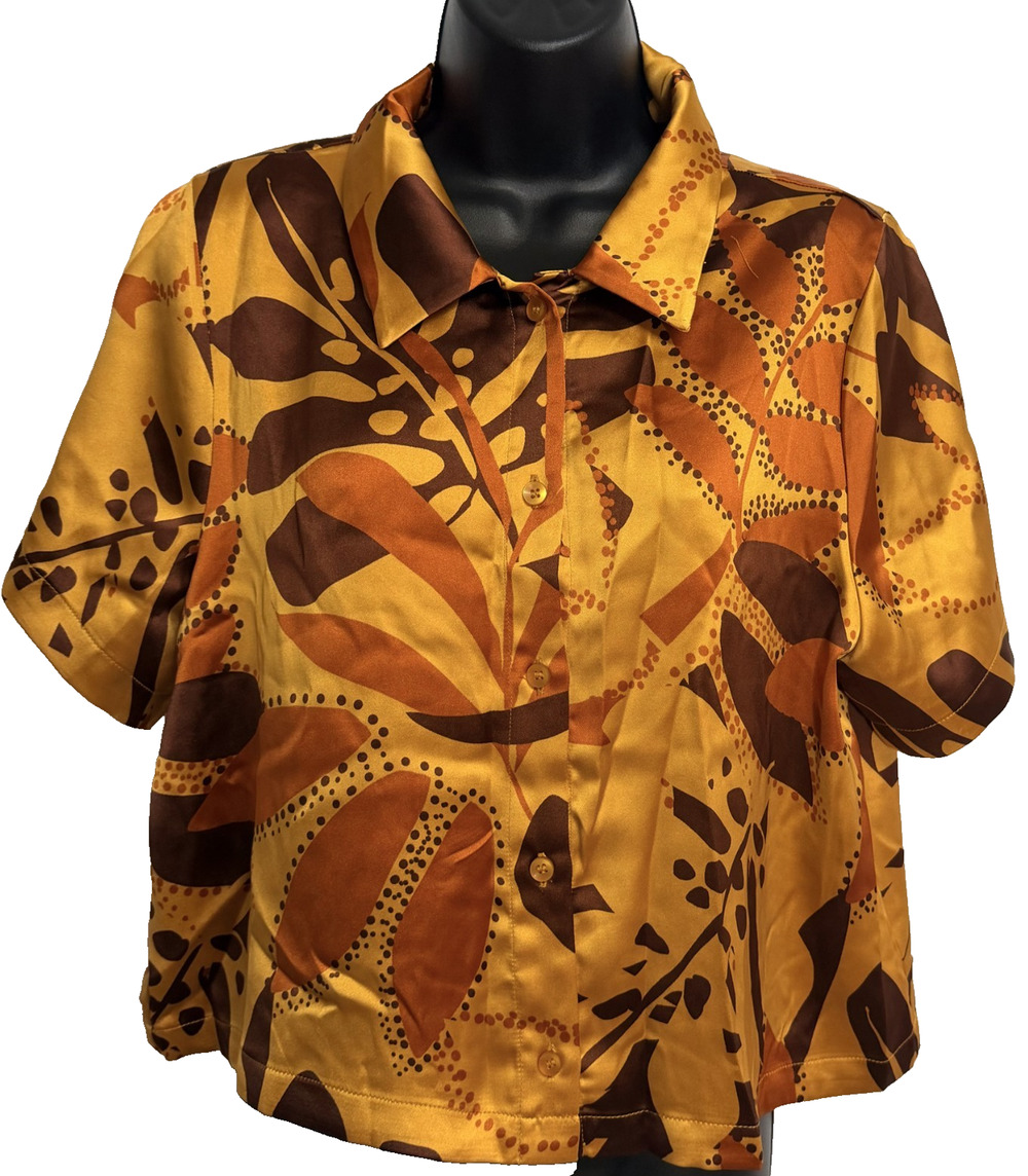 House of Harlow Button-Up Top Women's Medium Yellow Brown Tropical Short Sleeve